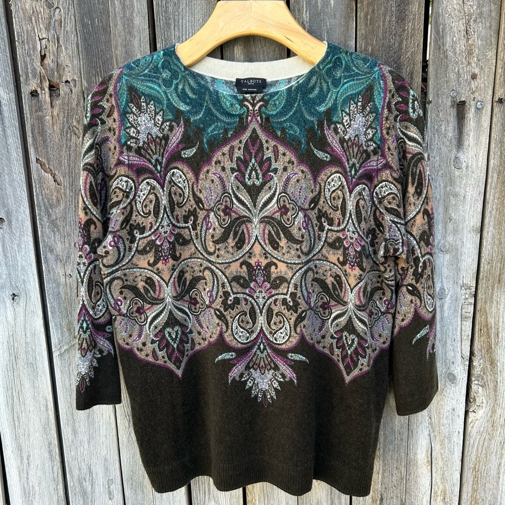 Talbots Audrey Cashmere Crewneck Sweater Paisley Print Teal Green Brown MP